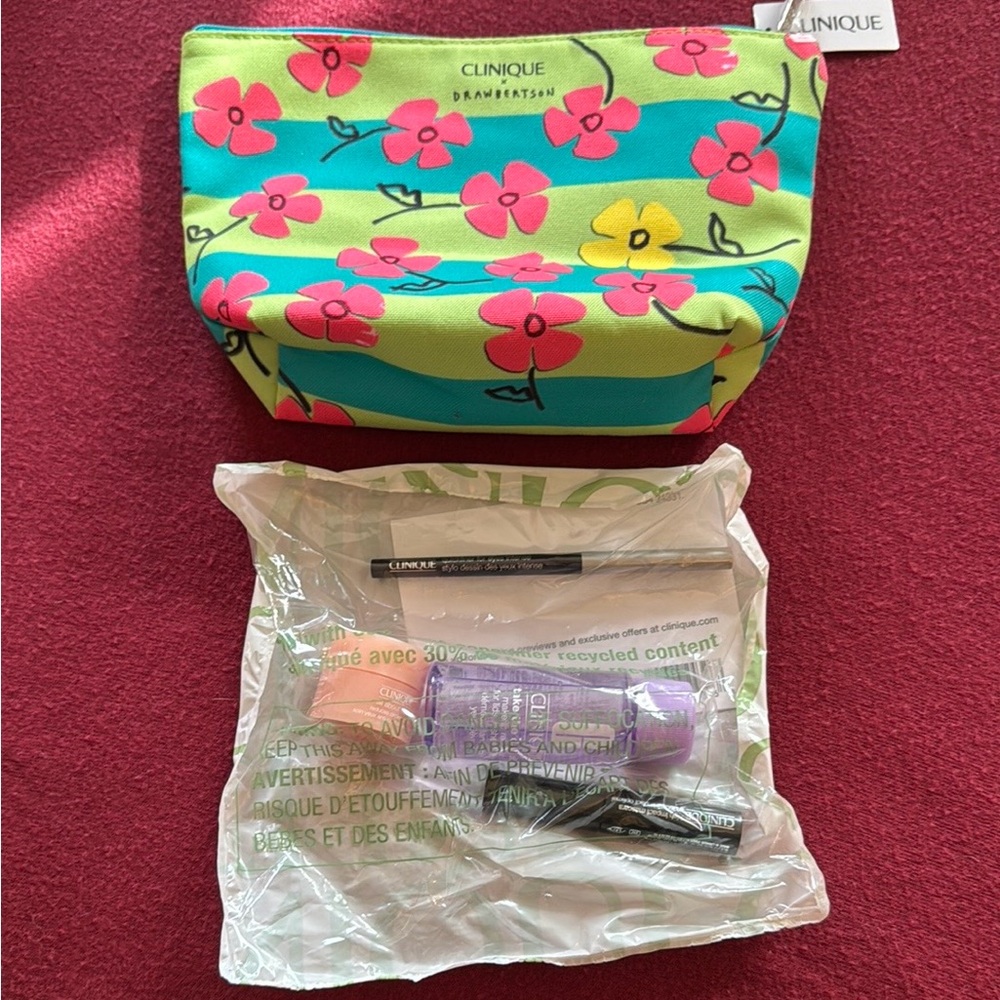 Brand New Clinique Floral Cosmetic Bag with Skincare Set